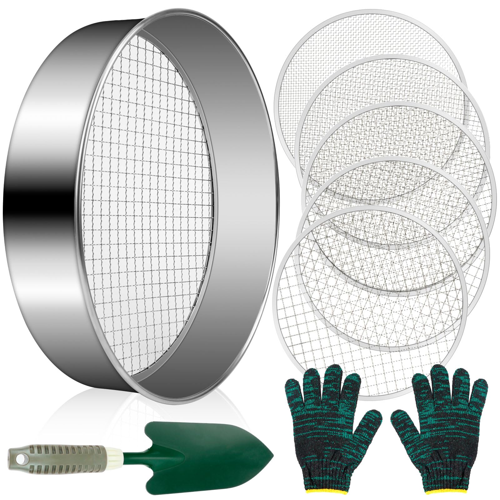 TOTSUN 8 Garden Sieve Weather-Resistant Sieve Compost Sieve Stainless Steel Round 30 cm with 5 Interchangeable Sieve Inserts Stainless Steel Sieve (3-6-9-10.8-12 mm) with Spade and Gloves