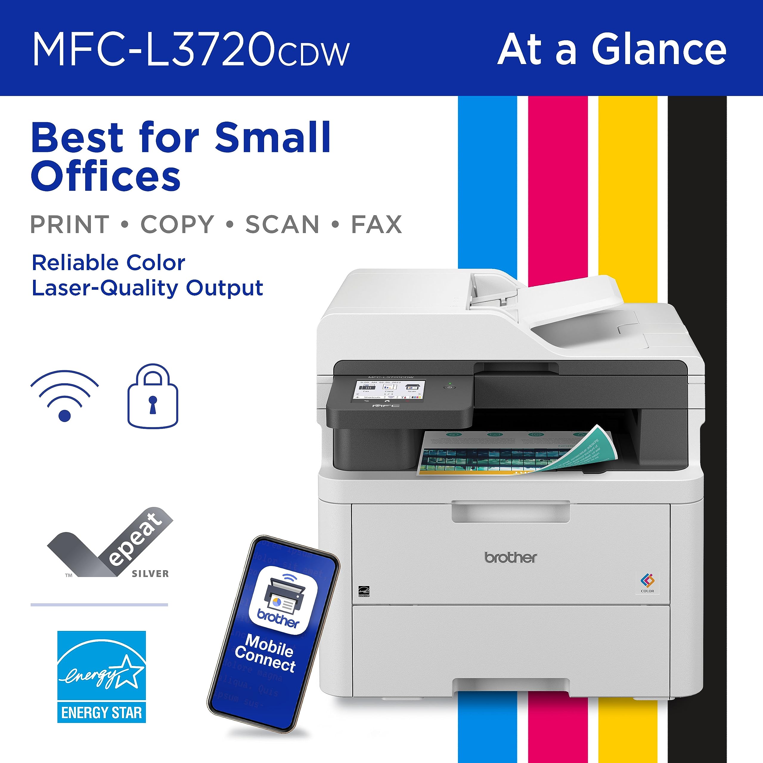 Brother Color Laser Printer All-in-One with Scanner, Copier and Fax - Professional Wireless Business Printer with Auto Duplex and 250-Sheet Capacity for Small Office (MFC-L3720CDW)