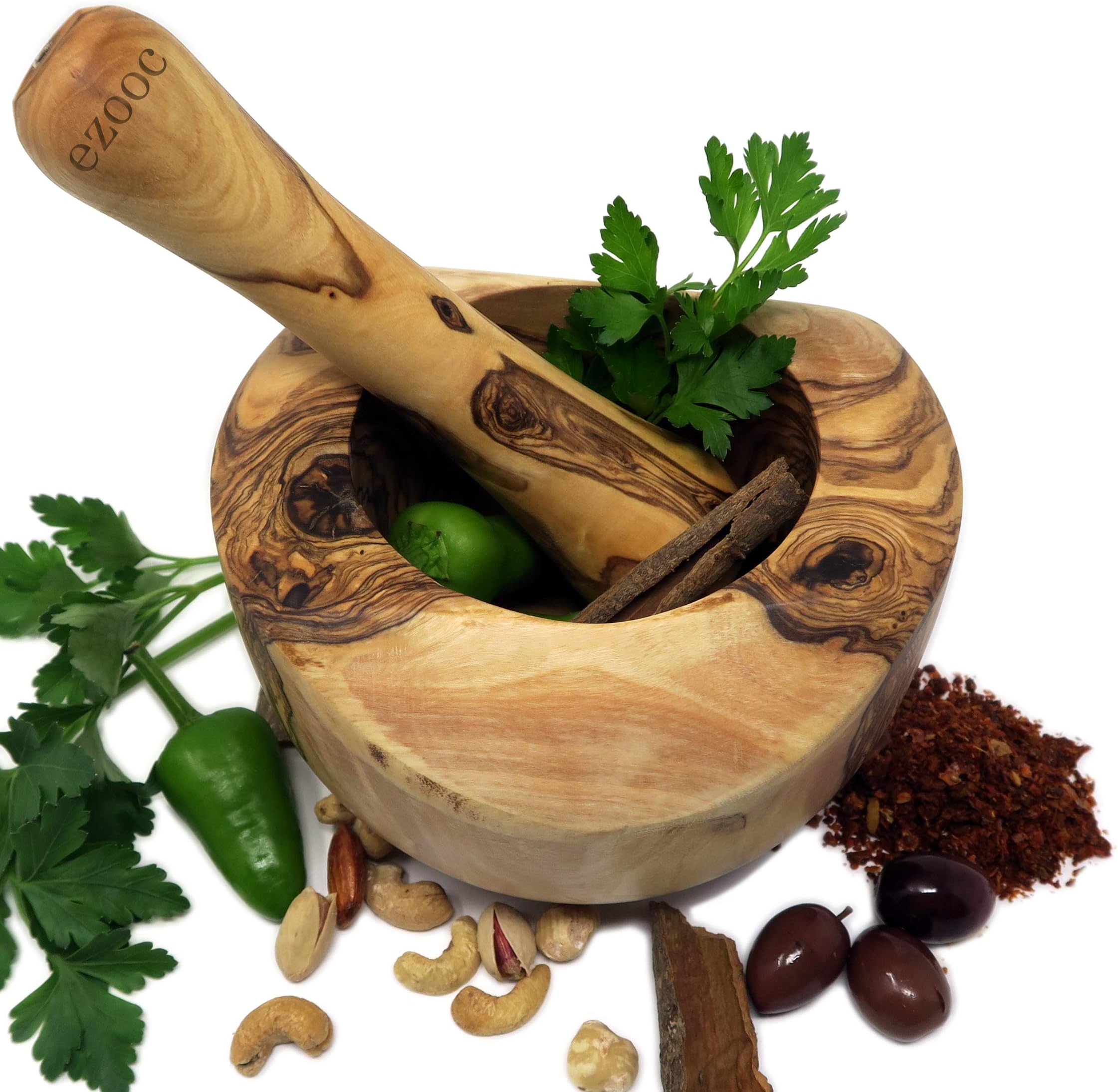 Olive Wood Mortar & Pestle Set Handmade by Ezo.Home - Large Size: 14cm - Natural and Rustic Design