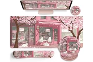 LIMKRIAN Anime Cat Mouse Pad Set, XXL Gaming Mouse Pad with Wrist Rest, Keyboard Mat, Cat Coaster, Cute Office Desk Decor Accessories, Pink Lycra