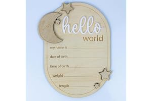 ONNIBE Baby Announcement Sign Star, 6.5 Inch Wooden Hello World Newborn Welcome Sign Birth Name Plaques for Photo Props Baby Shower Hospital Nursery (A62)