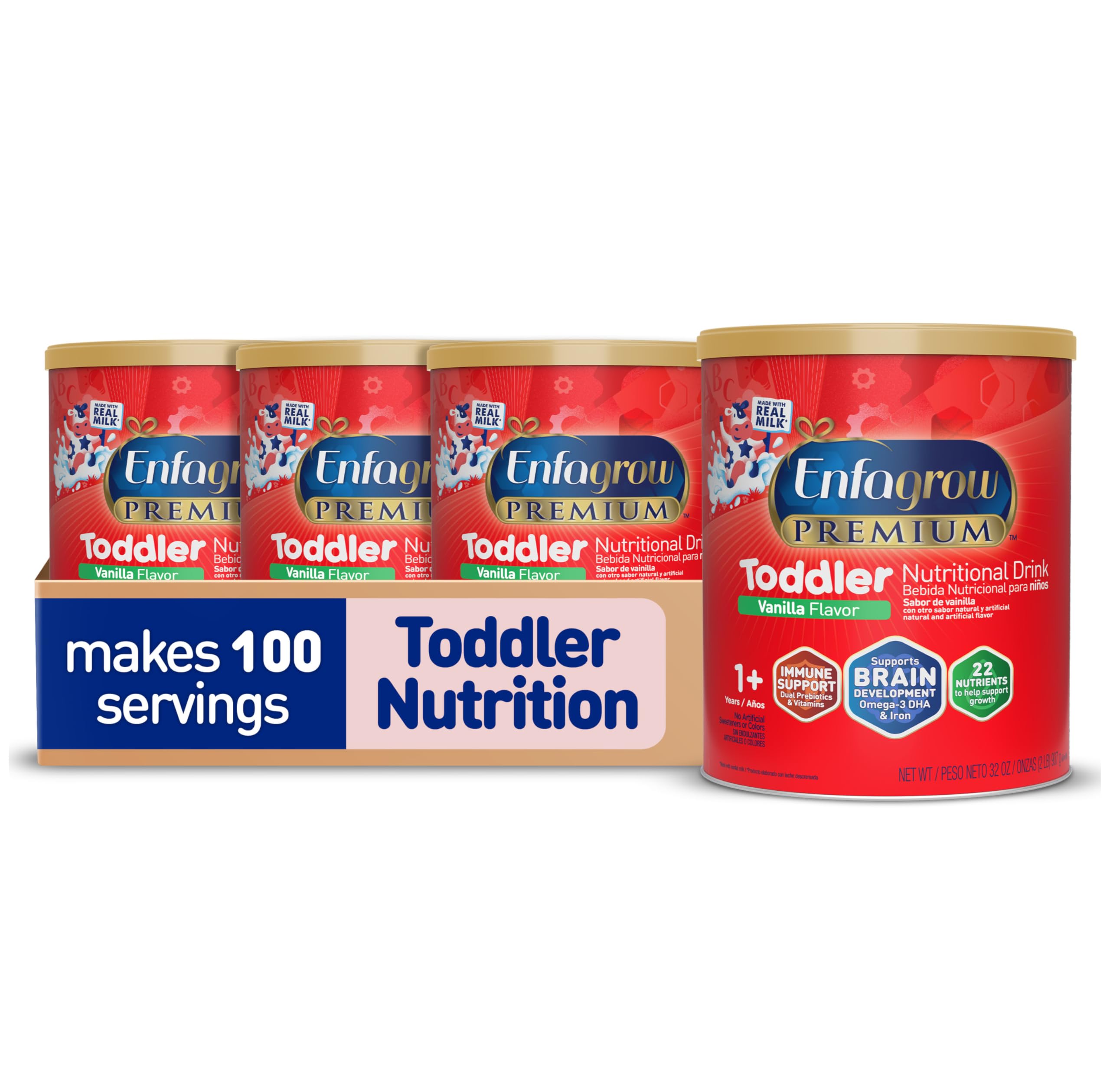 Enfagrow Premium Toddler Milk Nutritional Drink, Enfagrow Toddler Drink, Try Our Brain-Supporting Trio, Vanilla 32oz Can, Pack of 4 Image