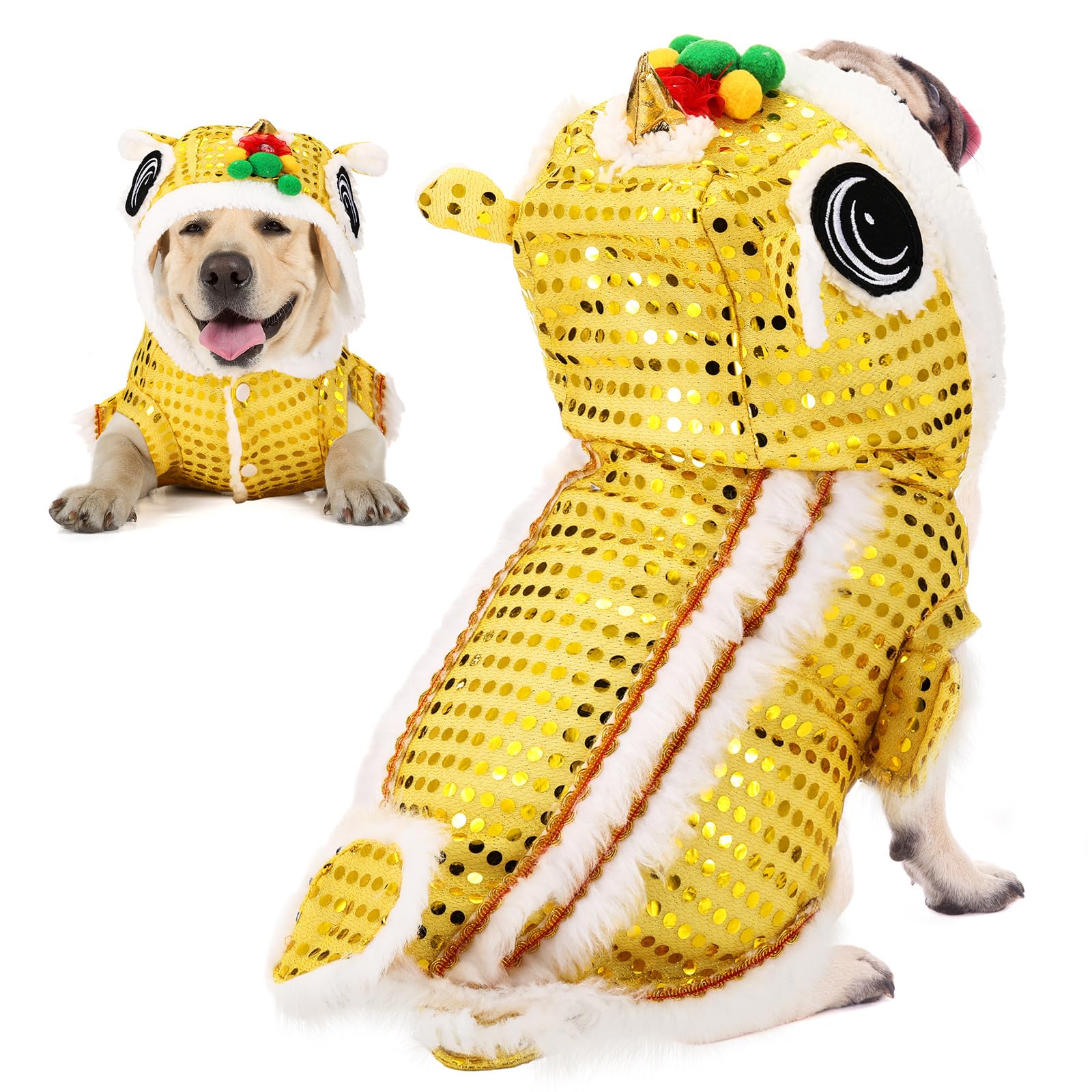 Photo 1 of LEIFIDE Lion Dance Dog Costume Chinese New Year Pet Costume with Sequins Chinese Lion Dance Cloth Dog Clothes Hoodies Coat for pet New Year Spring Festival Dress up(6X-Large,Gold)