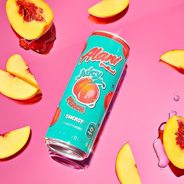 ALANI NU JUICY PEACH, SUGAR FREE, LOW CALORIE ENERGY DRINKS, 200MG CAFFEINE, BIOTIN, B VITAMINS, ZERO SUGAR, 10 CALORIES, 12 FL OZ CANS, 12 PACK