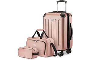 Amazon Basics 3-Piece Luggage Set, Including One Carry-On Luggage (22" Expandable Hardside Suitcase With 8 Spinner Wheels), One 15-inch Tote Bag, and One 10-inch Compact Travel Bag, Rose Gold