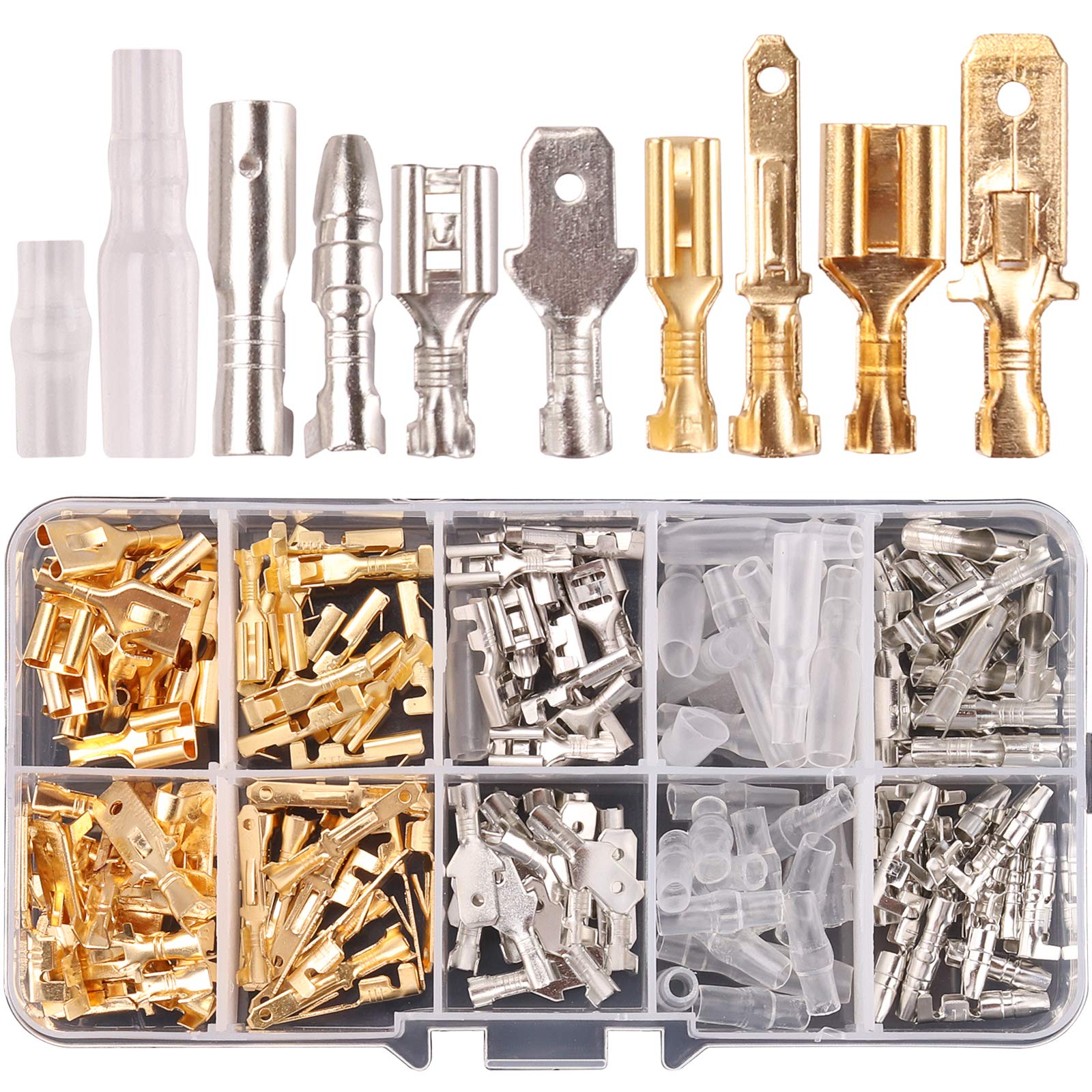 Kinstecks 150PCS 2.8mm 4.8mm 6.3mm Wire Spade Connector 3.9mm Bullet Connectors Kit Male and Female Quick Splice Wire Crimp Terminal Block for DIY Electrical Motorcycle Vehicle Boat