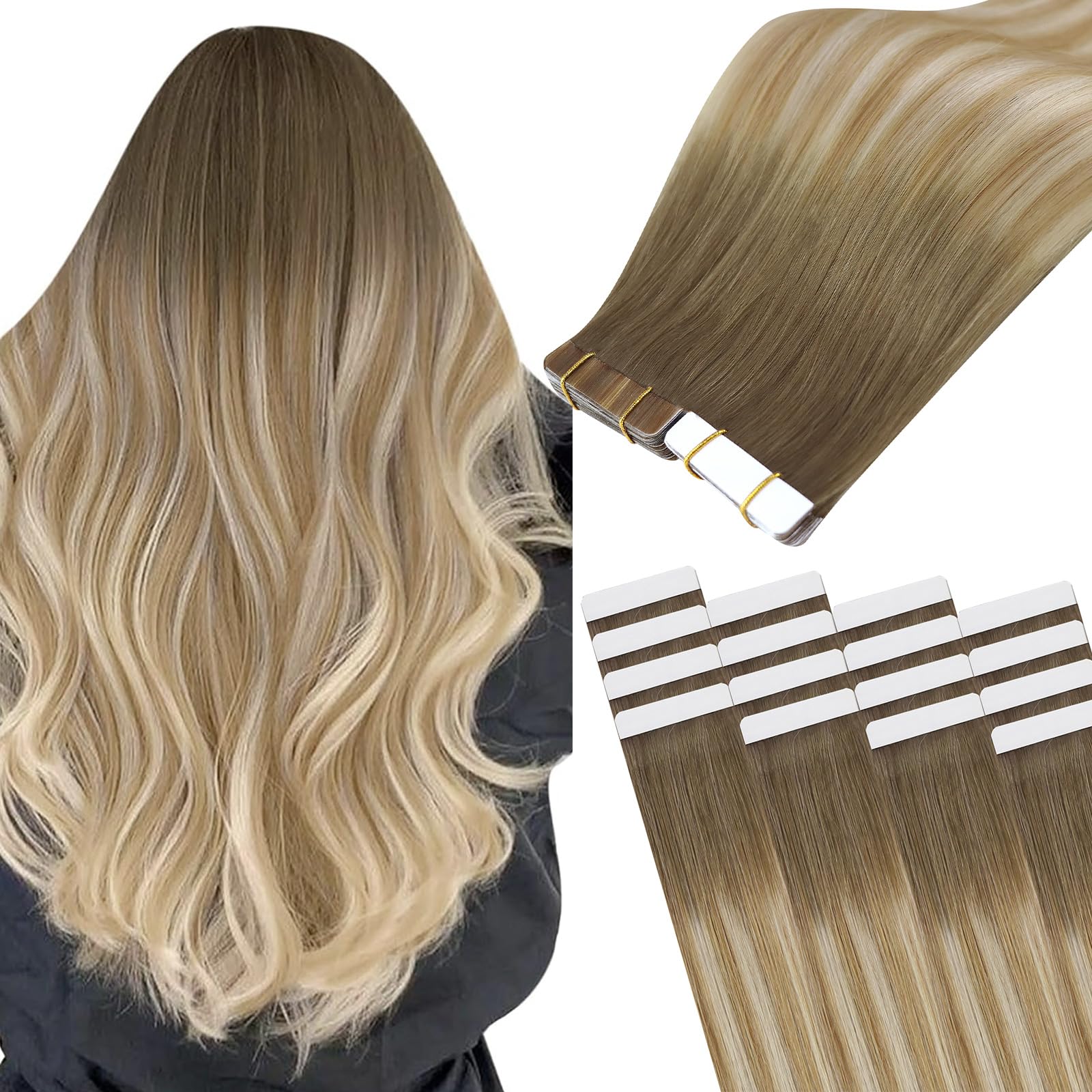 Easyouth 20 Inch Blonde Tape in Hair Extensions Human Hair Balayage Medium Brown Ombre Caramel Blonde Mixed Platinum Blonde Human Hair Extensions Tape ins Straight Tapes in Hair Extension 50g 20Pcs — image 1