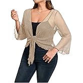 OYOANGLE Women's Plus Size Glitter Long Sleeve Sheer Tie Front Cardigans Party Lightweight Bolero Shrug