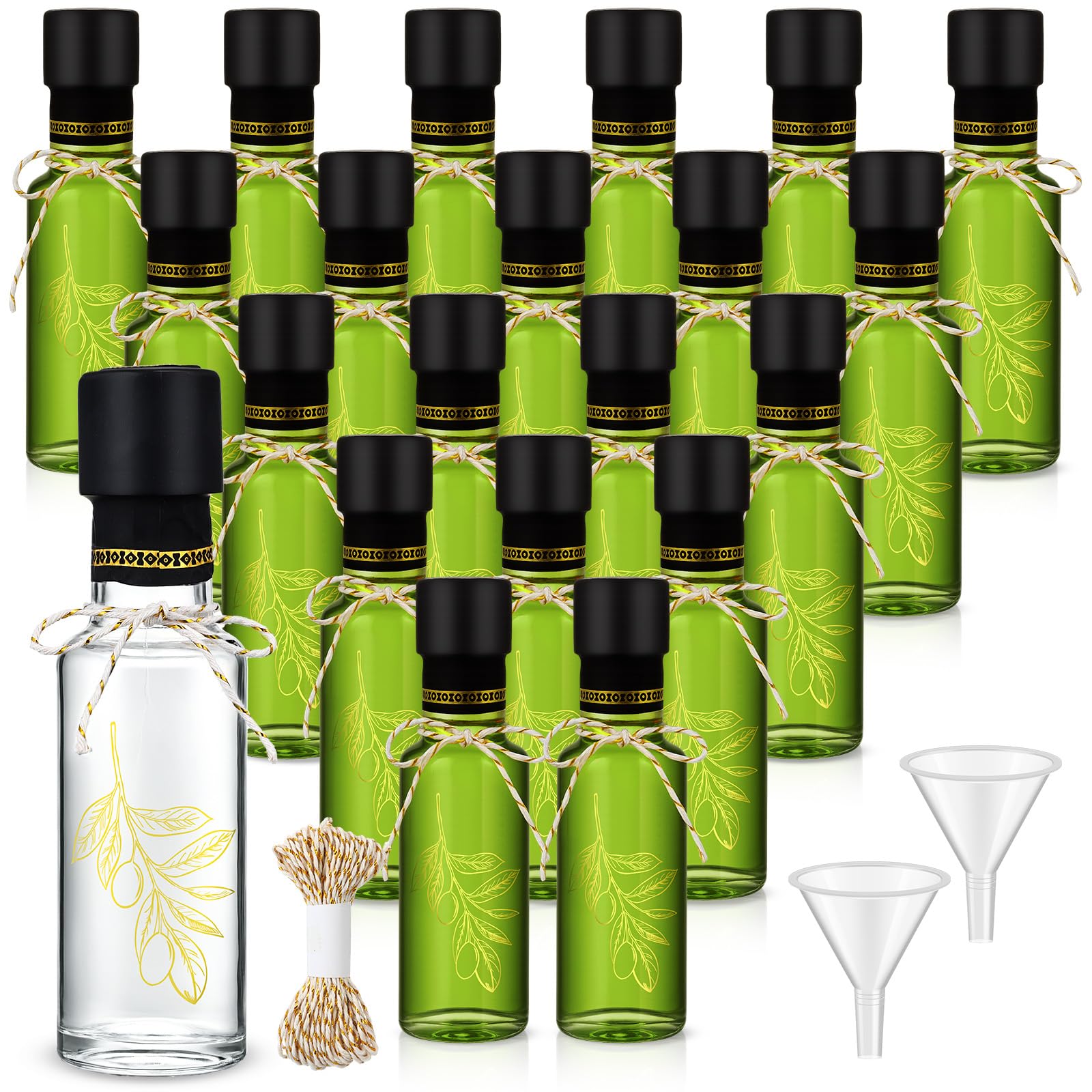 Photo 1 of Reallnaive 20 Pcs 4 oz Mini Glass Olive Oil Bottles Empty Sauce Condiment Bottles with Dropper Inserts and Sticker Seals Caps for Gifts Kitchen (Olive Pattern,Clear)