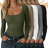 JoyMotion 5 Pack Women's Thermal Shirts Ribbed Fleece Lined Long Sleeve Tops Crewneck Fitted Cotton Winter Undershirts