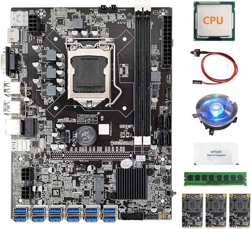 Hagsnec B75 BTC Mining Motherboard 12USB CPU 4GB RAM 3x120G SSD LGA1155 Fan