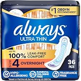 Always Ultra Thin Feminine Pads with Wings for Women, Size 4, Overnight Absorbency, Unscented, Up to 100% Leak-Free Comfort, 36 Count
