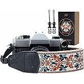 Padwa Lifestyle 2" Retro Jacquard Embroidery Camera Strap, Adjustable, Wide DSLR/SLR Camera Neck/Shoulder Strap with Genuine Leather Head (White Classic Flower)