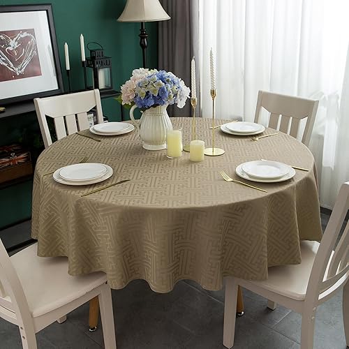 WELTRXE Round Tablecloth, 150cm Diameter Table Cloth, Water Resistant Spill Proof Dining Table Cover for Birthday Party Cafe Restaurant Buffet, 210GSM Jacquard Fabric Tabletop Decoration, Mocha