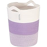 Sea Team Large Size Cotton Rope Woven Storage Basket with Handles, Laundry Hamper, Fabric Bucket, Drum, Clothes Toy Organizer for Kid's Room, 20 x 14 inches, Round Open Design, White & Mottled Purple