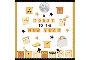CPicdn 116Pcs Toast to the New Year Bulletin Board Classroom Decoration Set, Black Gold Cartoon Cutouts Name Tags, Happy Winter Supplies School Chalkboard Wall Decor