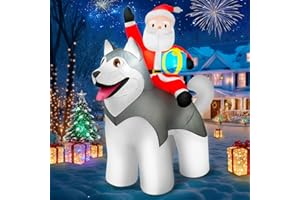 zukakii 8×7FT Christmas inflatables Santa Riding Husky Dog, Giant Christmas Decoration Outdoor Built-in Bright LEDs Blow Up Yard Decoration Blowups for Holiday Party Xmas New Year