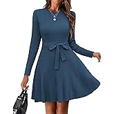 Zeagoo Women's 2024 Casual Dress Crewneck Tie Waist Fall Ribbed Dress with Belt Long Sleeve A Line Flowy Sweater Dress