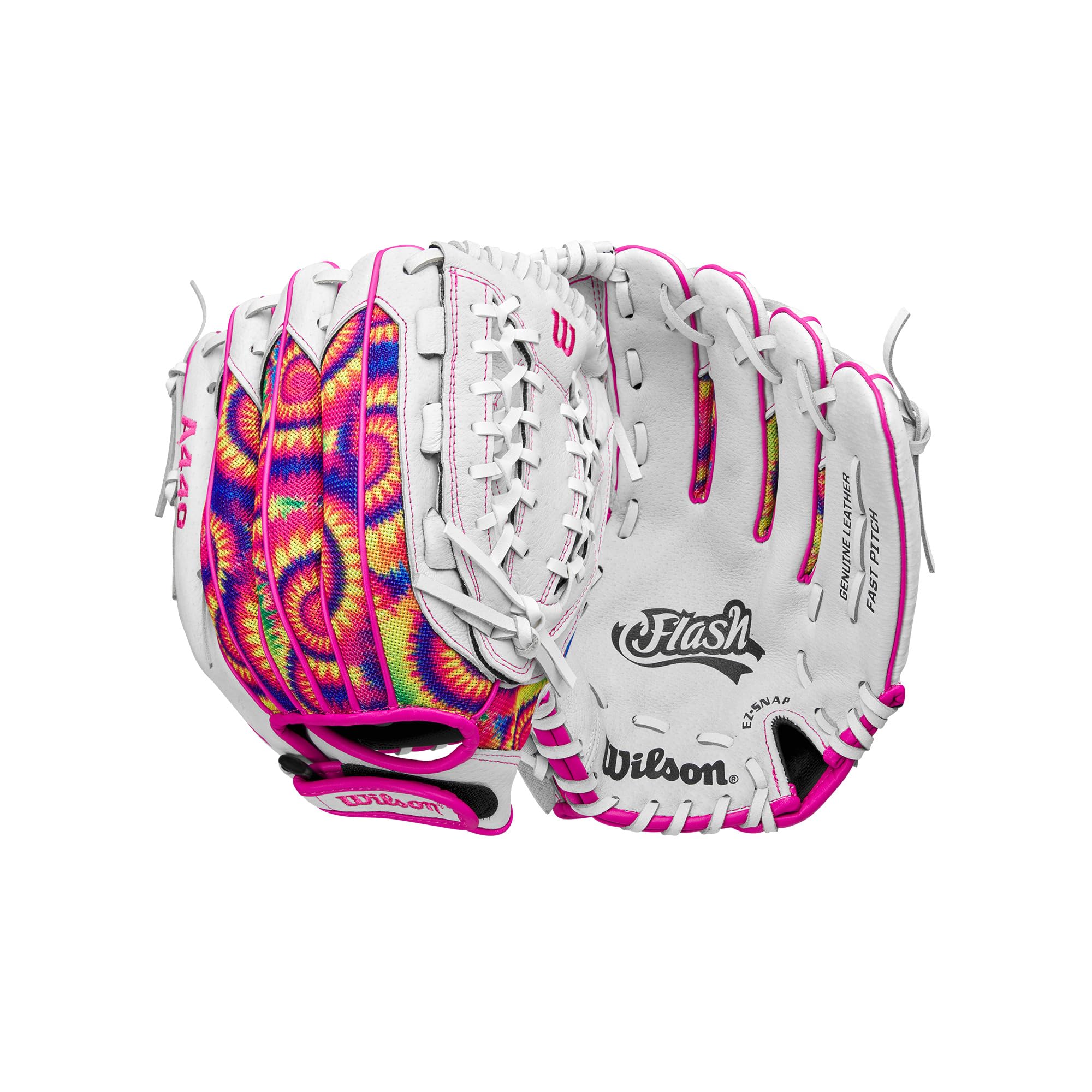 Wilson 2024 A440™ Flash™ 12” Youth Fastpitch Softball Glove - Right Hand Throw, White/Pink/Tie Dye