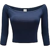 OThread & Co. Women's Off Shoulder 3/4 Sleeve Crop Top Comfy Basic Stretch Layer Shirt