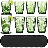 Ferrochef Green Drinking Glasses Set of 8 with Coasters 10 &12 oz Vintage Fern Leaves Textured Green Glass Cups Boho Aesthetic Retro Glassware Embossed Pattern Xmas Gift Drinkware for Juice Whiskey