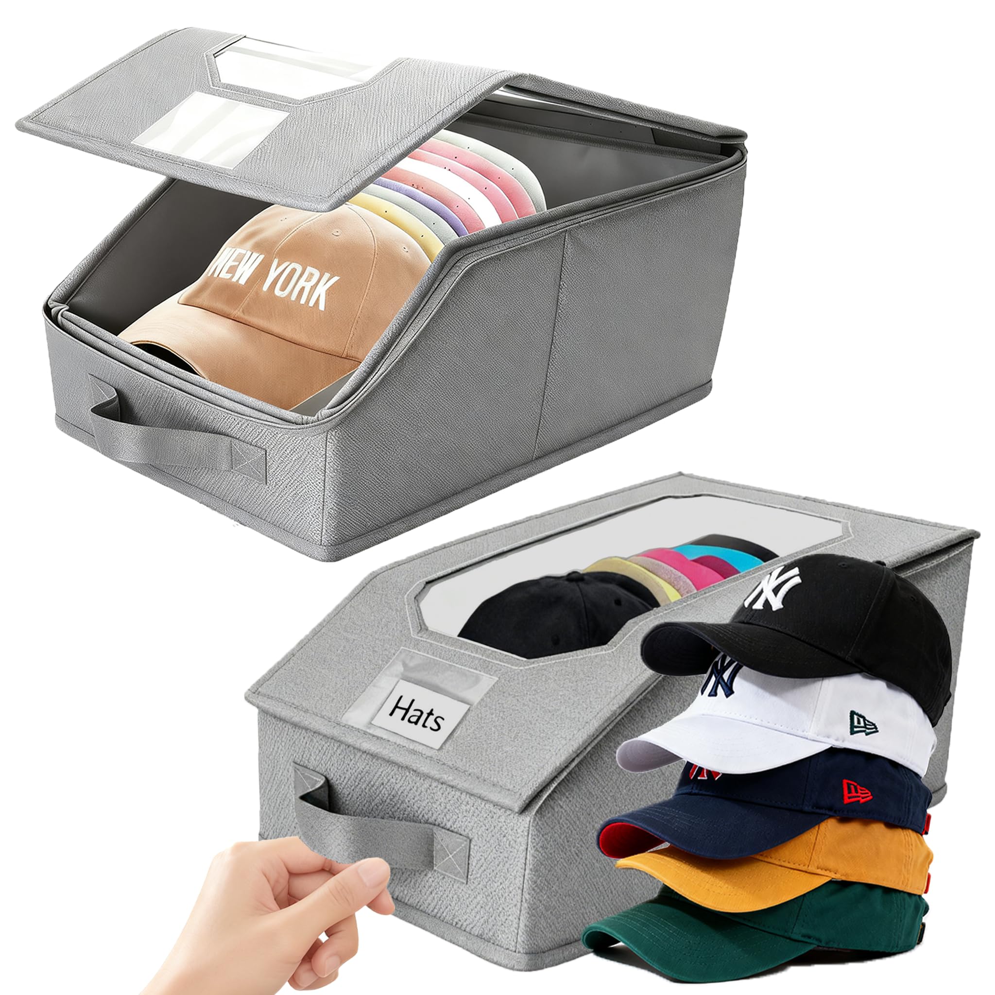 Photo 1 of 2 Pcs Stackable Baseball Cap Organizer, Washable Odorless Oxford Cloth with Smooth Durable Metal Zipper, Clear Window Holds 24 Caps, Hat Box for Closet/Home (Grey, Small 12.1 x 8.7 x 6.7 inches)