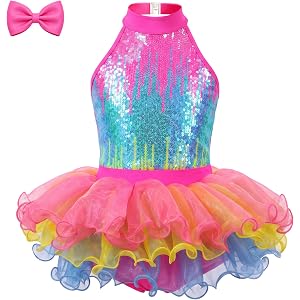 Jorblo Girls Sequin Dance Tutu Dress, Halter Neck Performance Outfit for Ballet Jazz Tap & Holiday, 2-12Y with Hair Clip