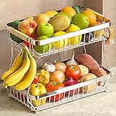 Sevenblue 2 Tier Large Fruit Basket for Kitchen Counter with 2 Mobile Banana Hangers, 2026 Pro Detachable Metal Fruit Bowl with Wooden Handle (Silver, 2 Tier)