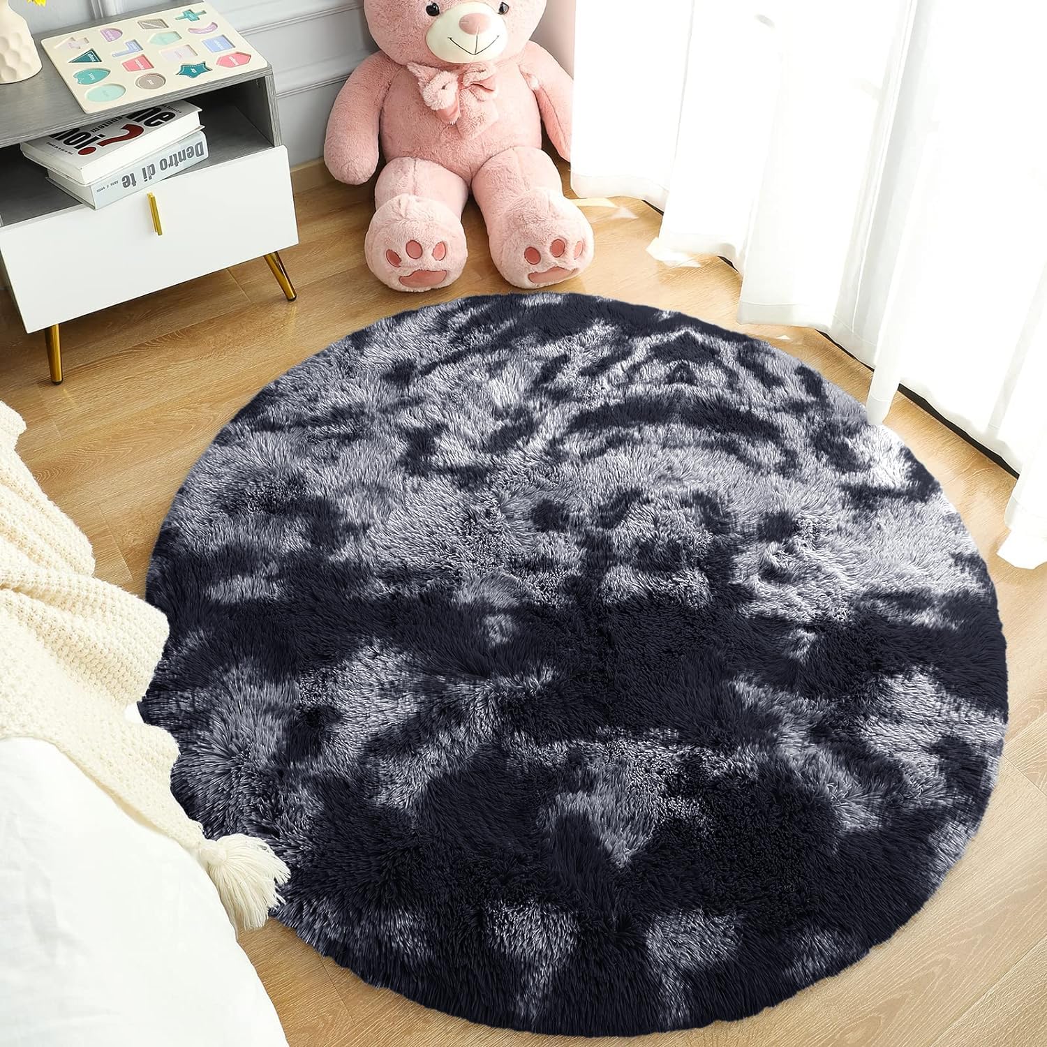 MOONLIGHT20015 Round Rugs Living Room – Fluffy Shaggy Dark Grey Area Rugs for Bedroom 120x120cm Anti Slip – Modern Super Soft Thick Pile Plush Carpet Non Shedding Easy To Clean Rug, Tye-Dye Grey