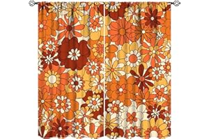 JANJCURT Boho Floral Vintage 70s Window Curtains, Hippie Bright Orange Flowers Groovy Blackout Drapes for Kids,Abstract Funny Art Print for Boys Girls Room Living Room 42x63in