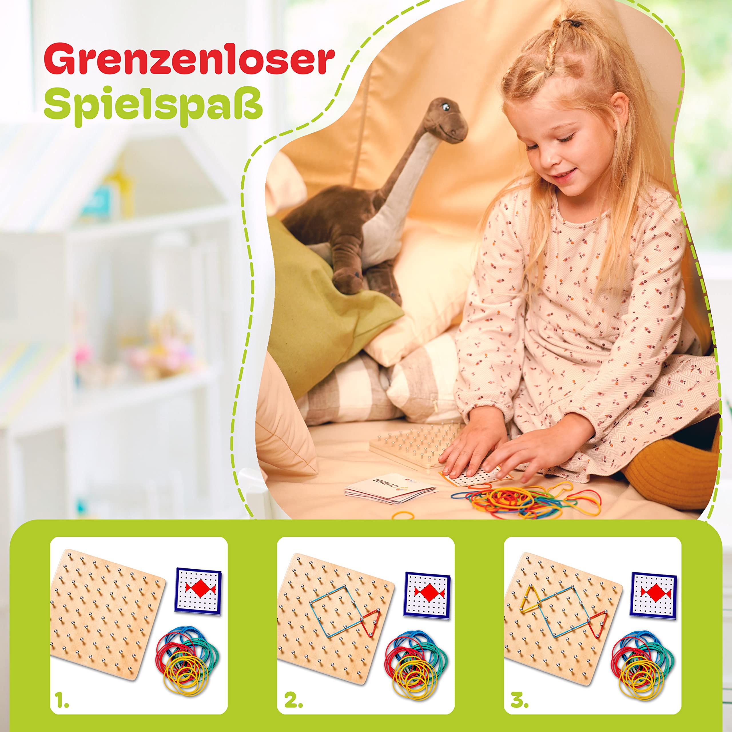 CUBIDI® Kreatives Montessori Geobrett für spannende Figuren - Feinmotorik Lernspielzeug - Geoboard ab 5 Jahre Geschenk für Jungen und Mädchen - Sequenzielle Puzzles 2