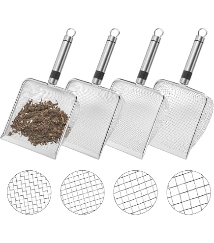 Roucerlin Lot de 4 tamis de terre en acier inoxydable pour le jardinage, le sable de jardin, le compost avec poignée, pelle à mailles pour tamis de filtration des roches (maille 1/2/3,8/5