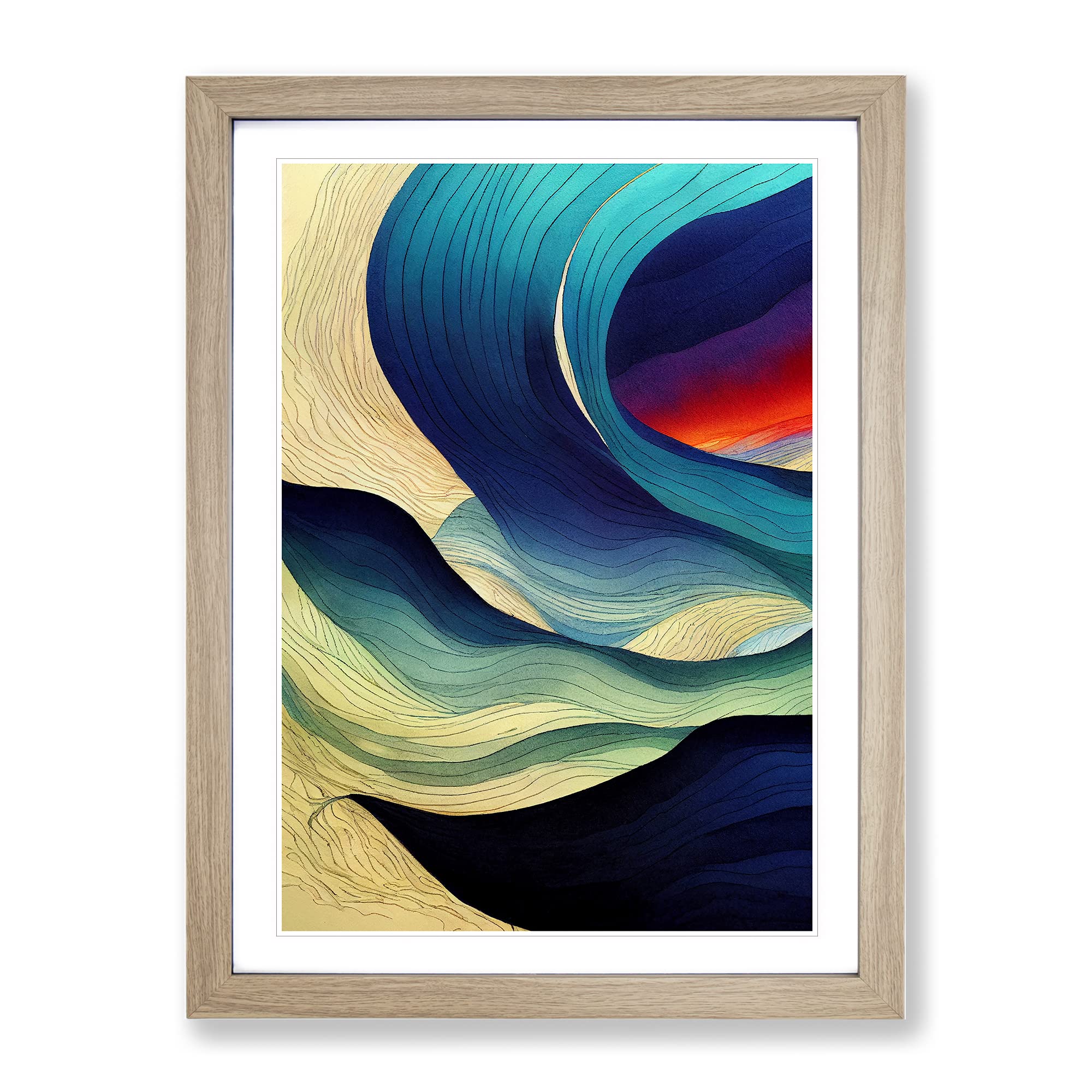 Contemporary Ocean Wave Art No.5 Abstract Framed Print | A4 Oak Framed Wall Art | Ready to Hang | Contemporary Nautical Picture | Living Room Bedroom Lounge Office