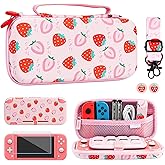 FUNDIARY Pink Strawberry Carrying Case for Nintendo Switch Lite, Cute Travel Cases Girl Accessories Kit with Slim Potrable Storage Bag, Soft TPU Cover Case, Shoulder Strap and Thumb Caps