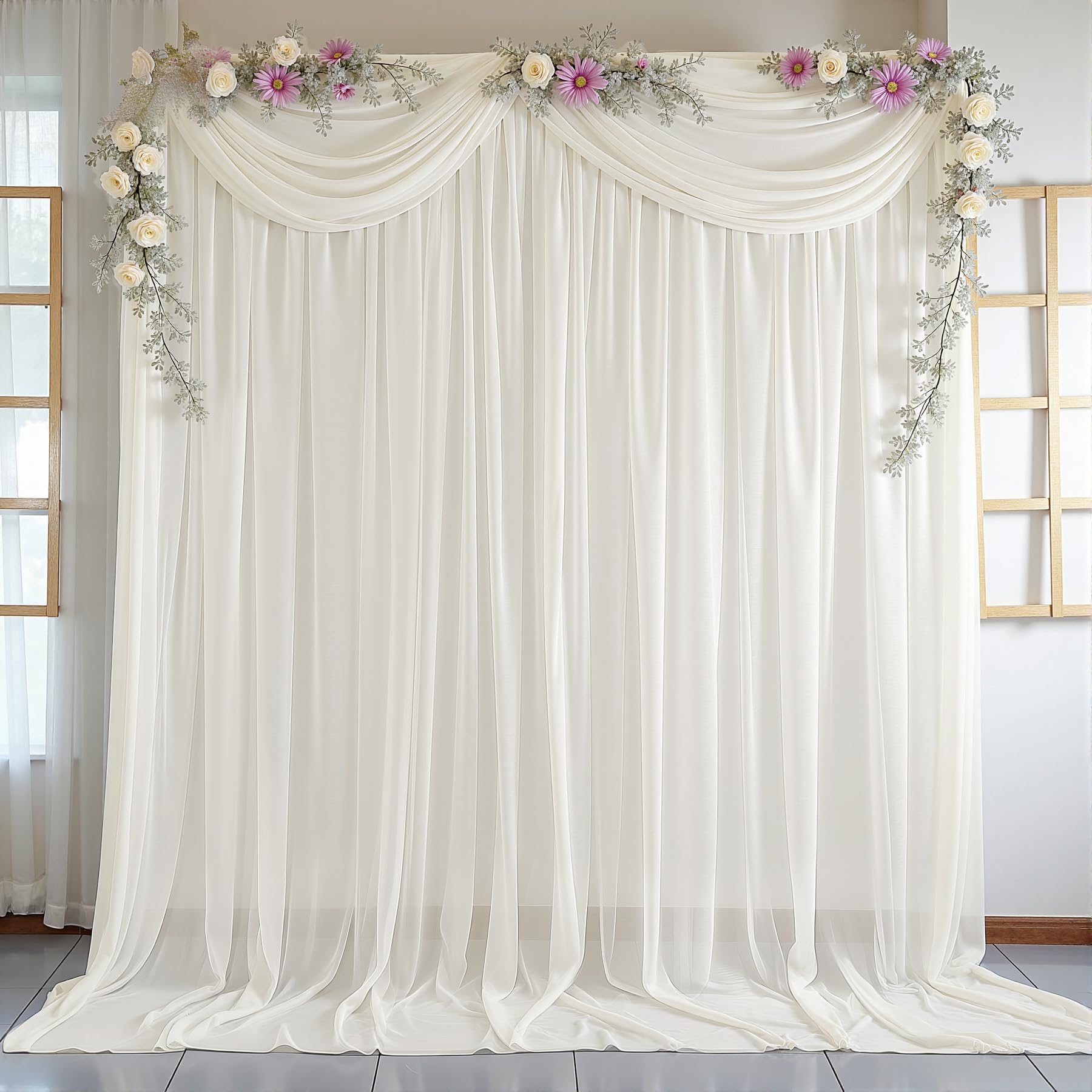 Photo 1 of 10ft x 10ft Beige Backdrop Curtains, Wrinkle-Free Sheer Chiffon Fabric Photo Backdrop Drapes for Wedding Arch Party Ceremony Stage Photography Decorations