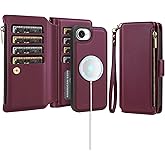 Antsturdy Compatible with Magsafe Magnetic 2 in 1 Detachable iPhone 16e Wallet Case with Credit Card Holder Slots,PU Leather Flip RFID Blocking Phone Cover Wrist Strap Zipper Women Men,Wine Red
