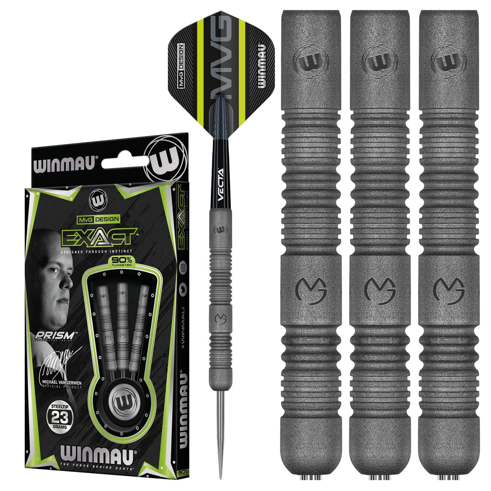 Winmau Darts Set - Michael Van Gerwen MvG Exact Steeltip Darts - Includes Darts Flights & Stems, Available in 21.5g, 23g, 24g & 25g, Professional 90% Tungsten Darts Set, 23g