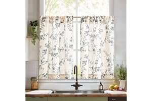 jinchan Floral Kitchen Curtains 36 Inch Linen Tier Curtains Farmhouse Cafe Half Window Drapes Over Sink Light Filtering for Living Room Laundry RV Rod Pocket 2 Panels Black on Beige