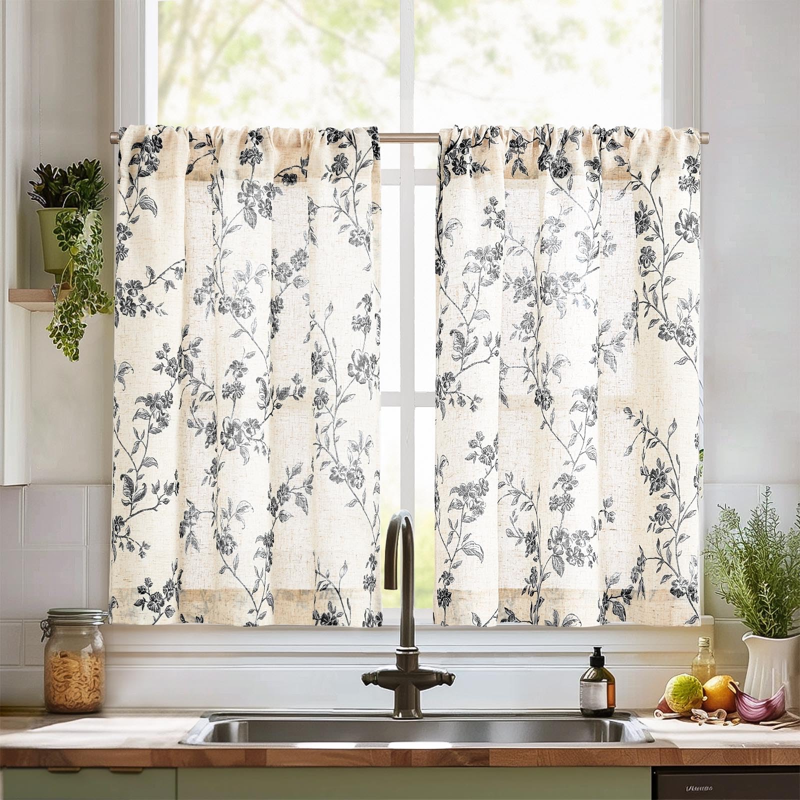 Photo 1 of jinchan Floral Kitchen Curtains 36 Inch Linen Tier Curtains Farmhouse Cafe Half Window Drapes Over Sink Light Filtering for Living Room Laundry RV Rod Pocket 2 Panels Black on Beige