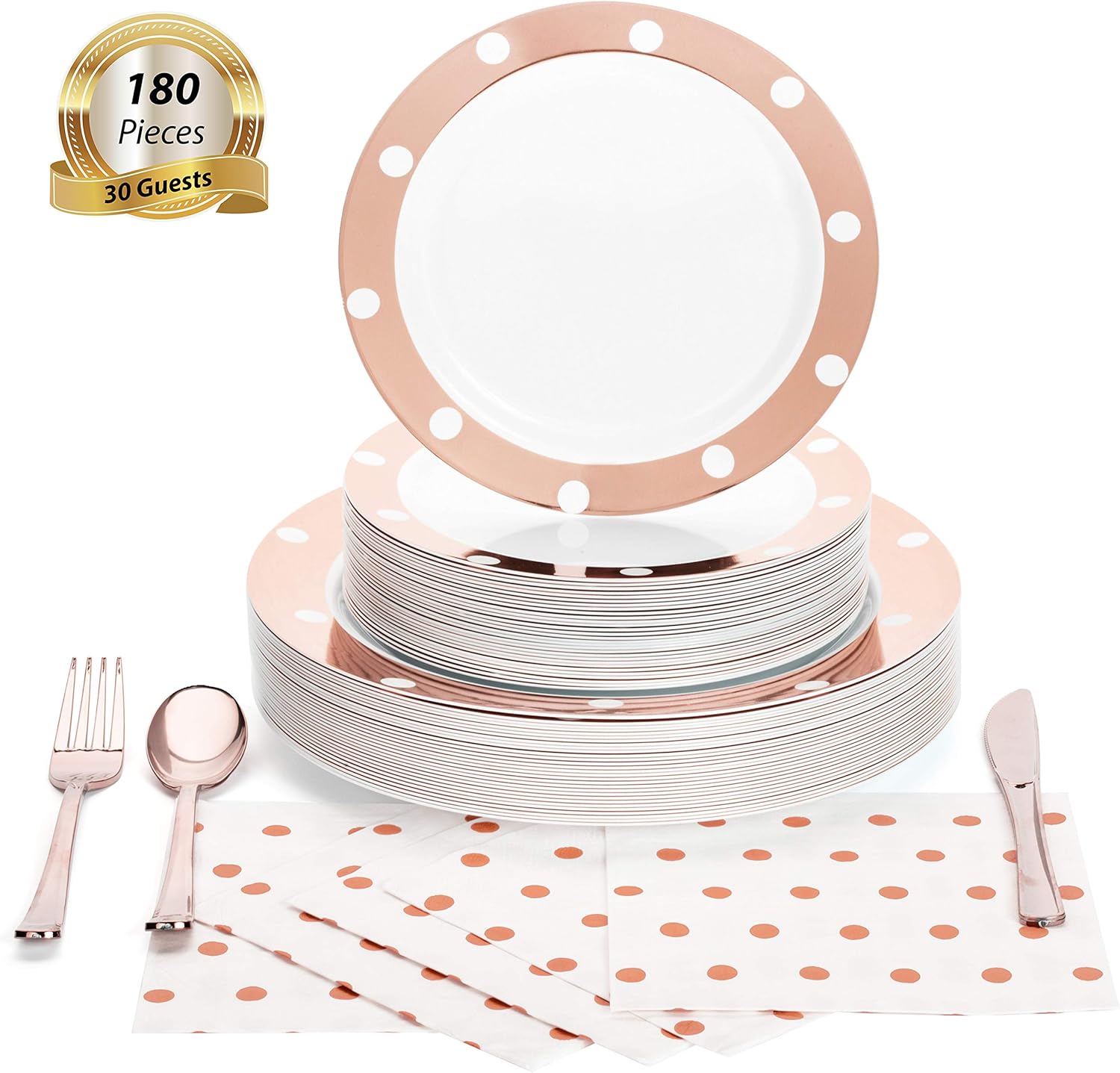 180 Pcs Serves 30, Rose Gold Party Supplies Set | Reusable | No Flimsy Plates Or Weak Cutlery | Polka Dot Disposable Plastic Dinnerware | Includes Dinner & Dessert Plates, Cutlery & 3-Ply Napkins