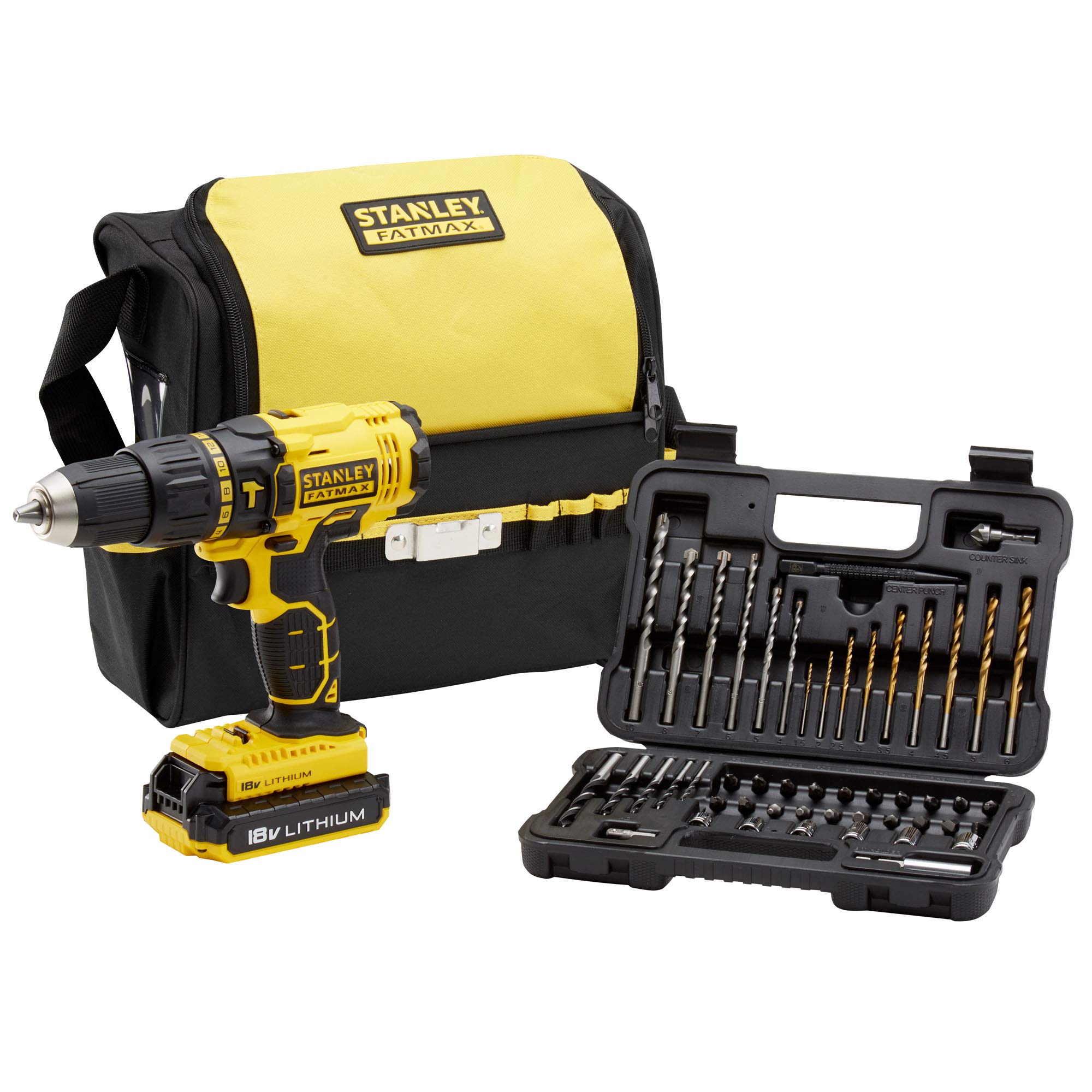 STANLEY FATMAX FMCK626D2SA-QW 18V 25,500 ipm Hammer Drill with 2 x 2Ah Lithium Batteries, 50pcs Set and Carry Bag
