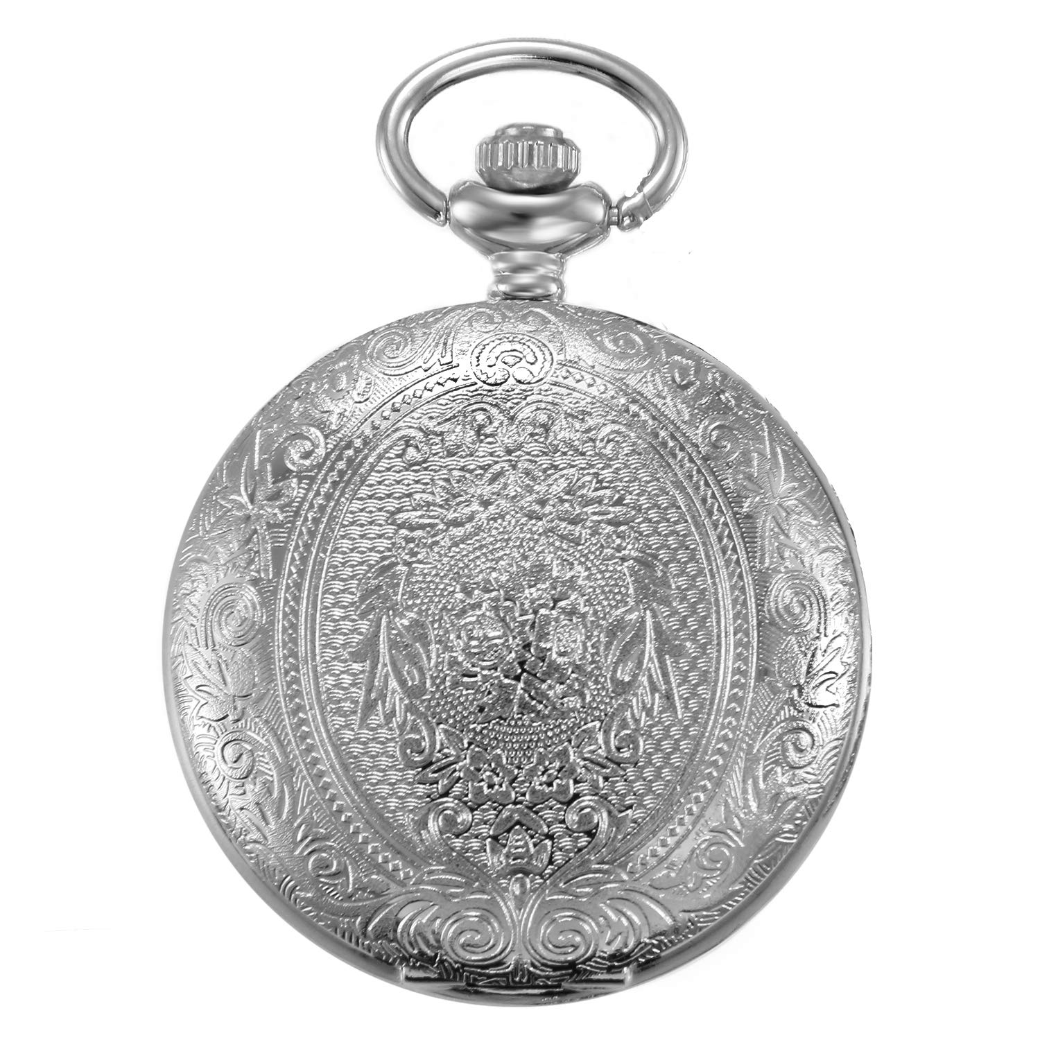 JewelryWe Vintage Silver Flowers Case Quartz Pocket Watch Long Sweater Necklace 32 Inch Chain
