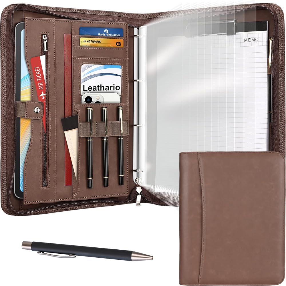 Leathario A4 Portfolio Folder 4-Ring Binder with Notepad 10 Sheet Protectors