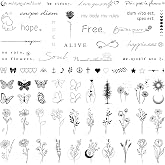185 PCS Realistic Temporary Tattoos for Women Tiny Small Fake Tattoos Adult | Minimalist Inspirational Quotes Words Wild Flower Floral Bouquet Fine Line Temp Tattoo Stickers Adults Waterproof 60 Sheets
