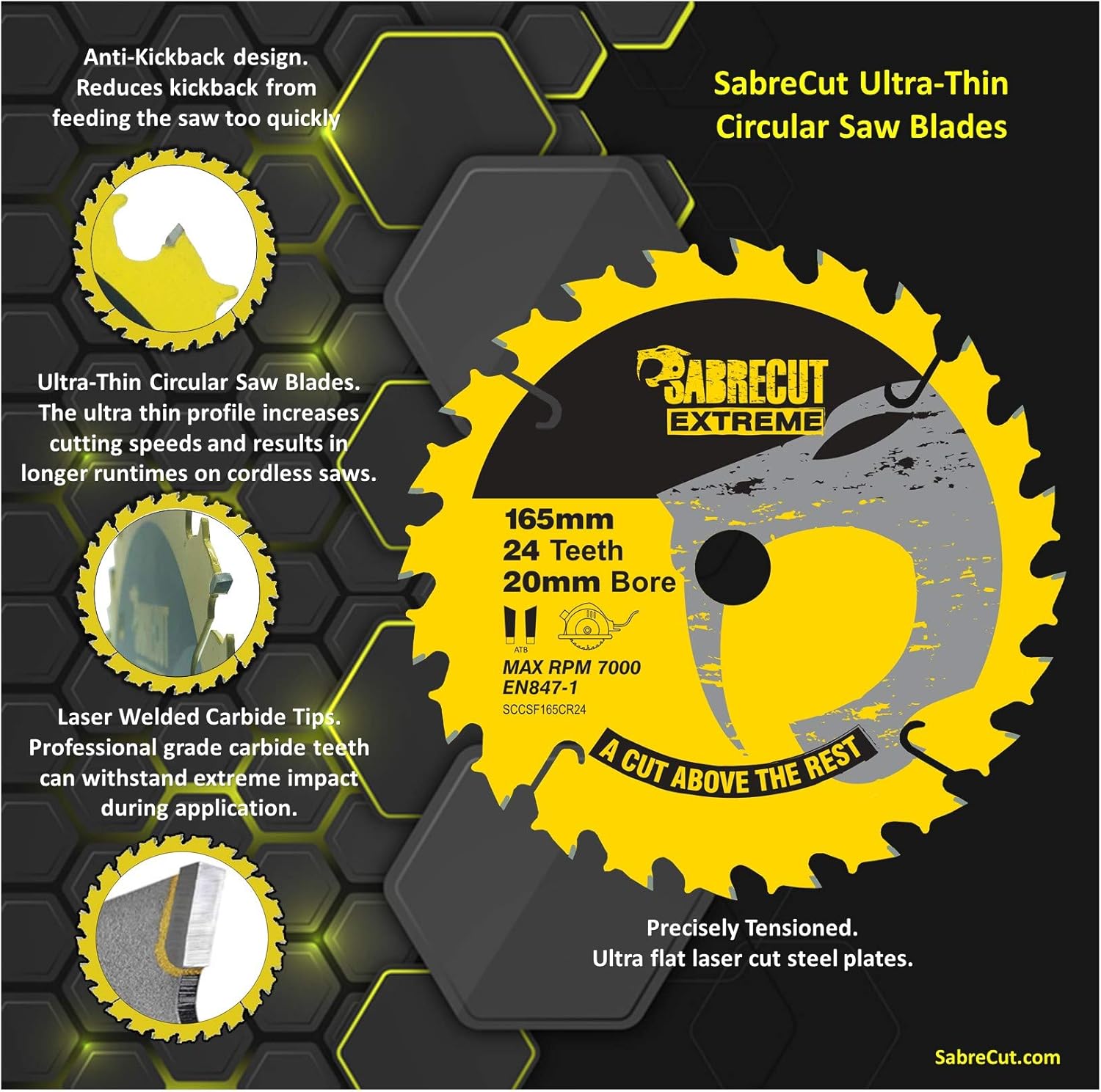 1 x SCCSF165CR24 SabreCut 165mm 24T x 20mm Bore Circular Saw Blade, yellow,black - Image 3