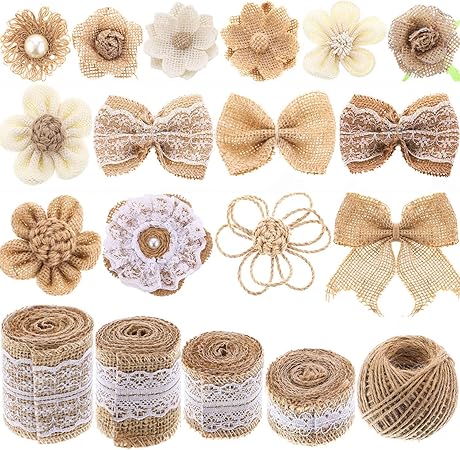 Conjunto de Flores de Arpillera Cinta de Cordel y Puntos de 