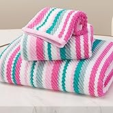 Pink Soft Towel Set (3PC, 100% Cotton), 1 Bath 28"x52", 1 Hand 16"x27", 1 Wash Cloth 13"x13, Quick Dry Towels with Hanging Loop, Striped Absorbent Towels Set for Bathroom & Guest, Pink and Aqua Stripe