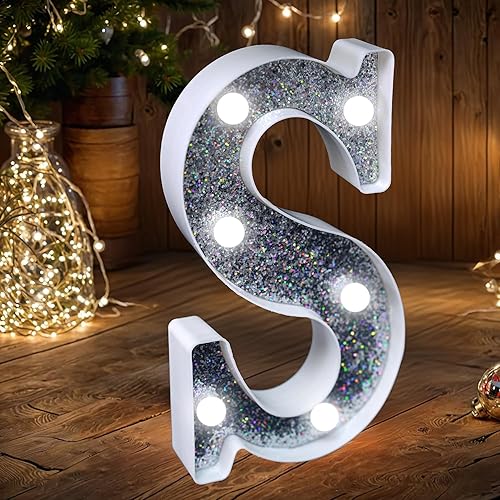 JEMESI LED Marquee Letter Lights, Light Up Silver Glitter Letters Sign Battery Powered Night Light for Birthday Party Wedding Home Decoration Baby Shower-S