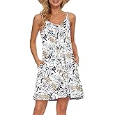 MISFAY Women Summer Spaghetti Strap Button V Neck Sleeveless Causal Beach Cover Up with Pocket(Line Flower,XL)