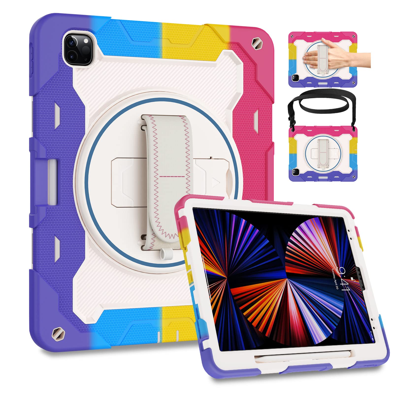 ROSROME for iPad Pro 12.9 Case 6th/5th/4th/3rd Generation with Screen Protector for Kids,Heavy Duty Shockproof Cover for iPad Pro Case 12.9 Inch with 360 Kickstand Hand Strap Pencil Holder